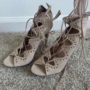 Shimmery gold and beige lace up heels